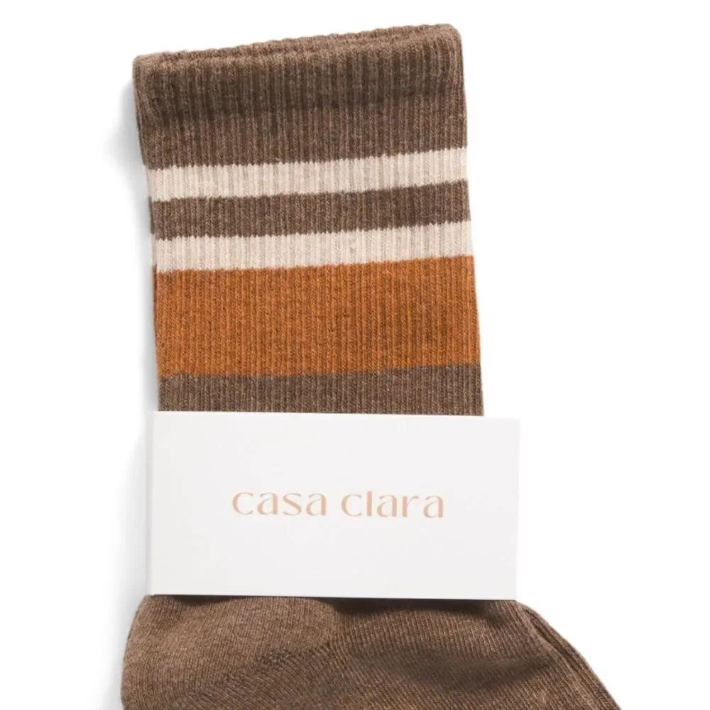 casa clara Lillian Brown Ivory Caramel Ribbed Varsity Stripe Cotton Crew Socks
